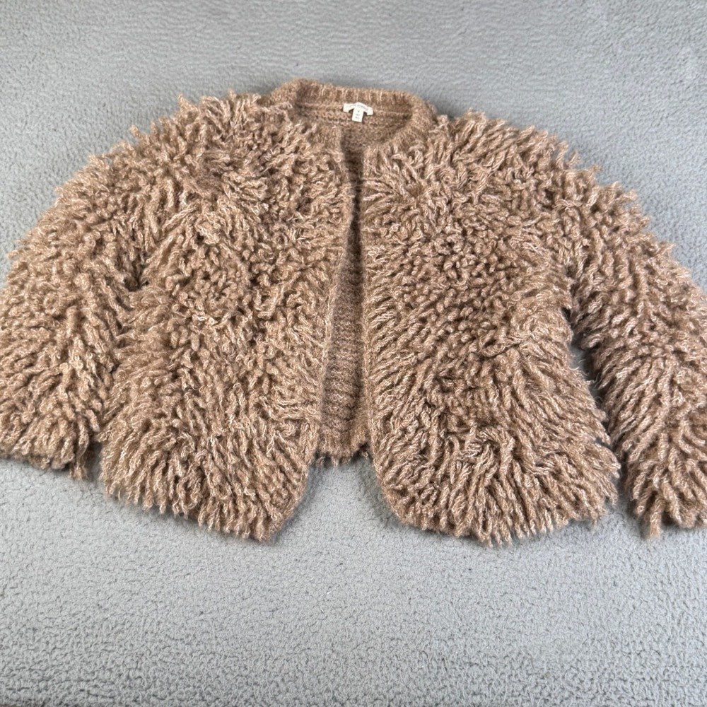 Pilcro Cardigan Women M Brown Shaggy Fringe Knit Open Front Cropped Sweater Boho